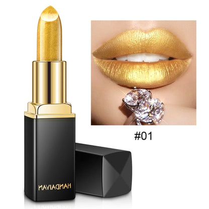 De gouden waterproof glitter lippenstift van Handaiyan. Met een afbeelding waar het resultaat te zien is op de lippen van een model.  