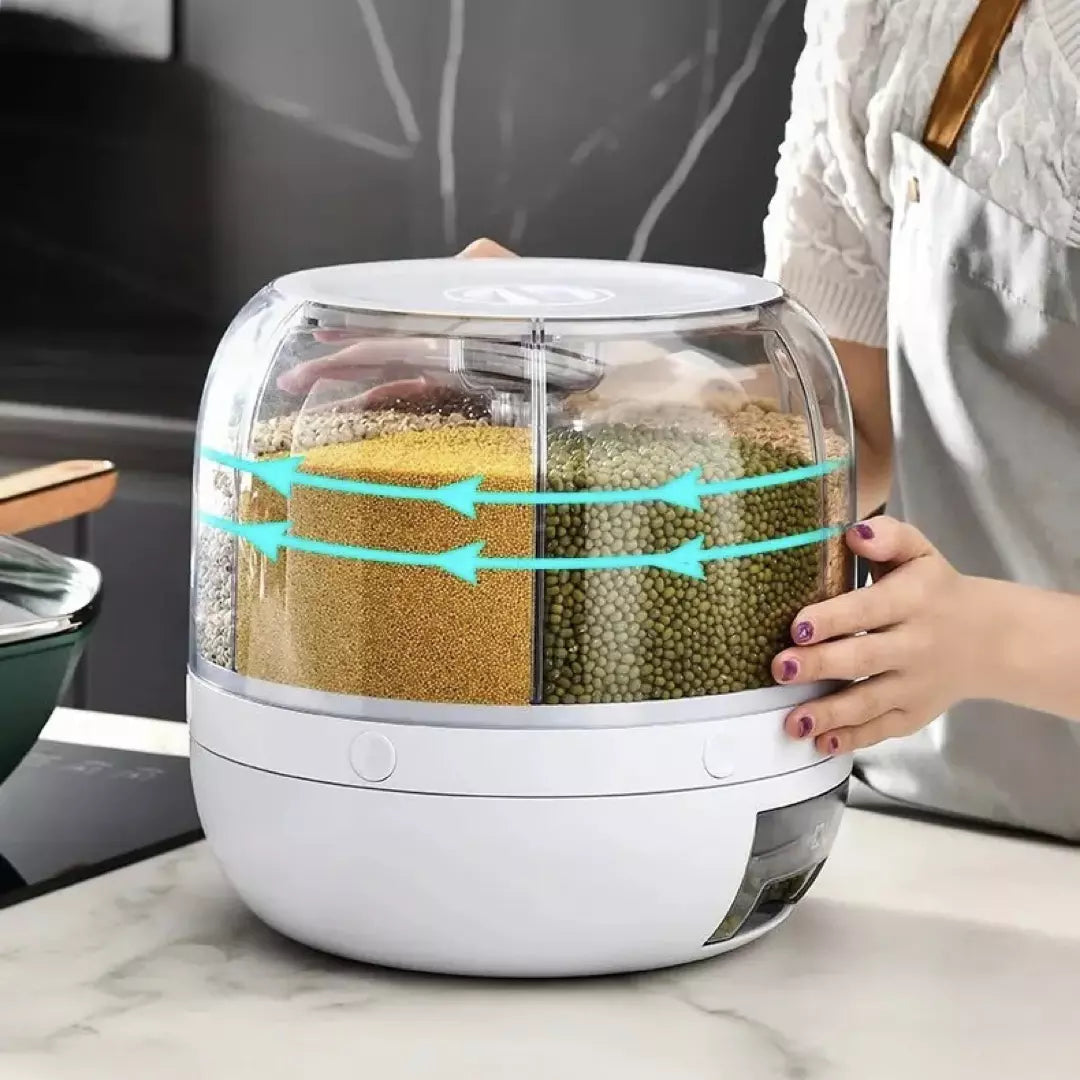 De 360 graden roterende rijst dispenser in de kleur wit. De dispenser heeft zes vakken voor voedsel en is ongedierte bestendig. 