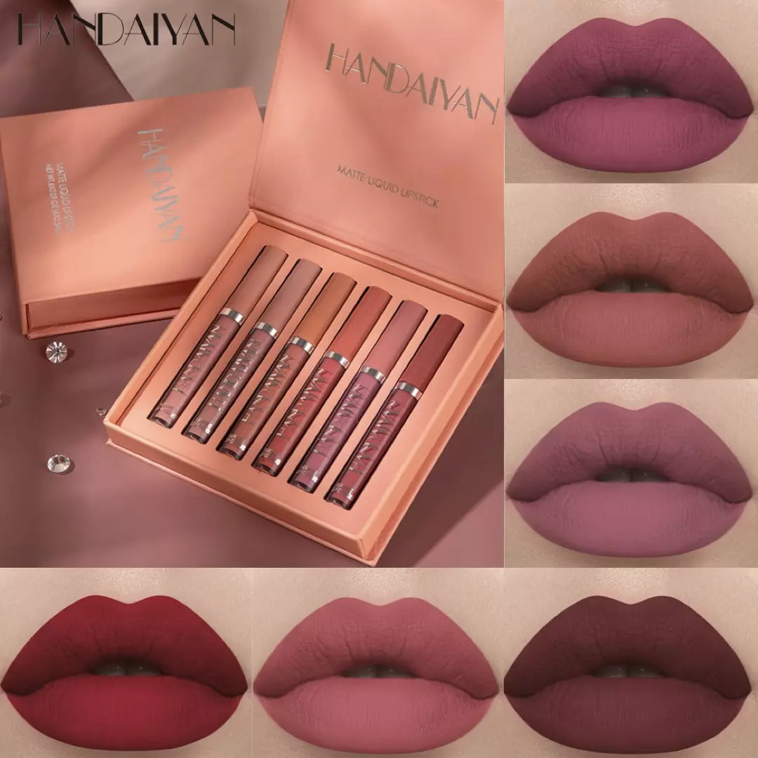 Een geschenkdoos met 6 matte lippenstiften van Handaiyan wordt weergegeven, met daaromheen 6 opgemaakte lippen die de resultaten laten zien van de kleuren. 