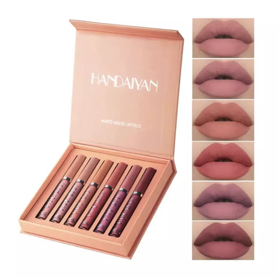 Een geschenkdoos met 6 matte lippenstiften van Handaiyan wordt weergegeven, met daaromheen 6 opgemaakte lippen die de resultaten laten zien van de kleuren.
