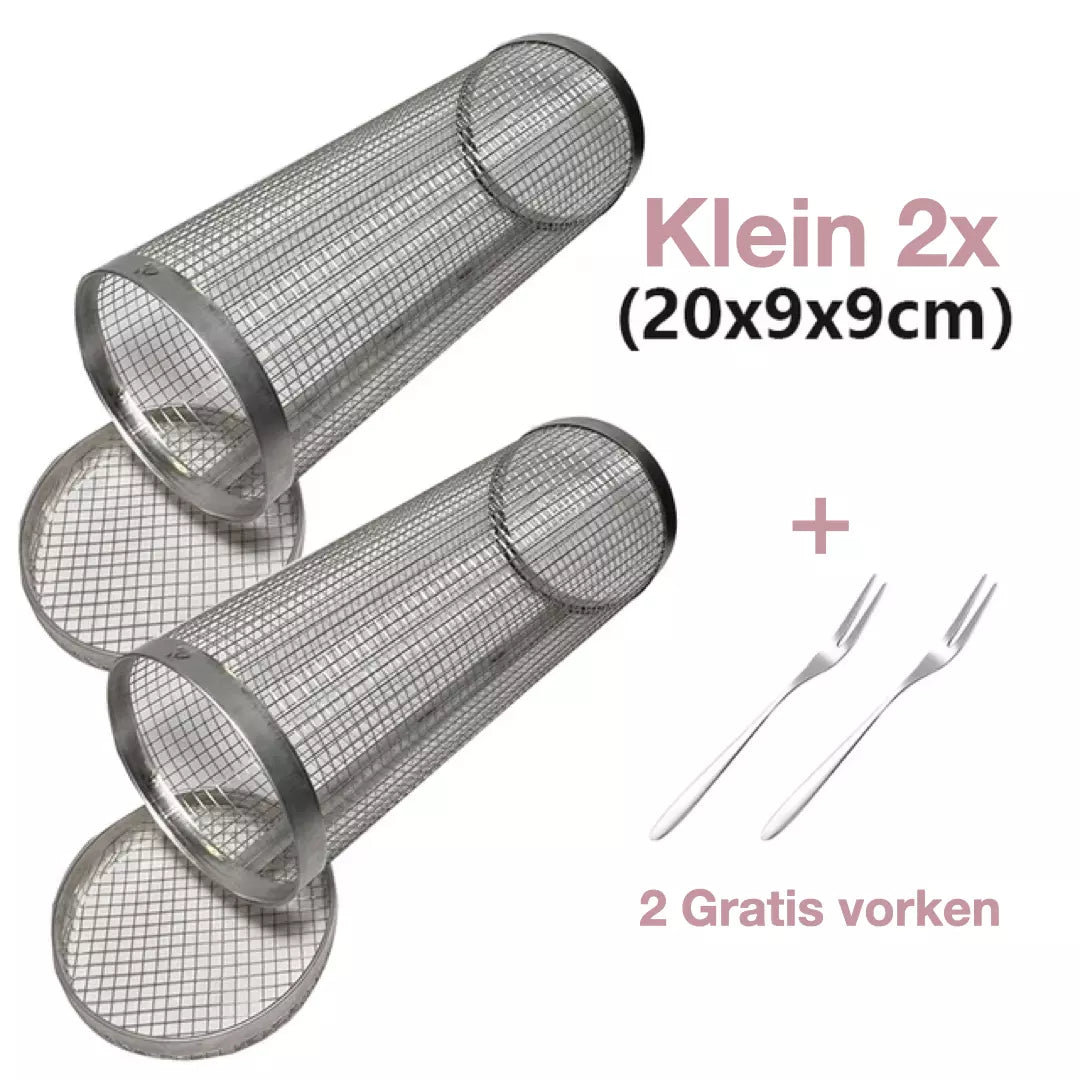 Twee kleine bbq grillmanden van 20x9x9 cm, met twee gratis BBQ vorken. 