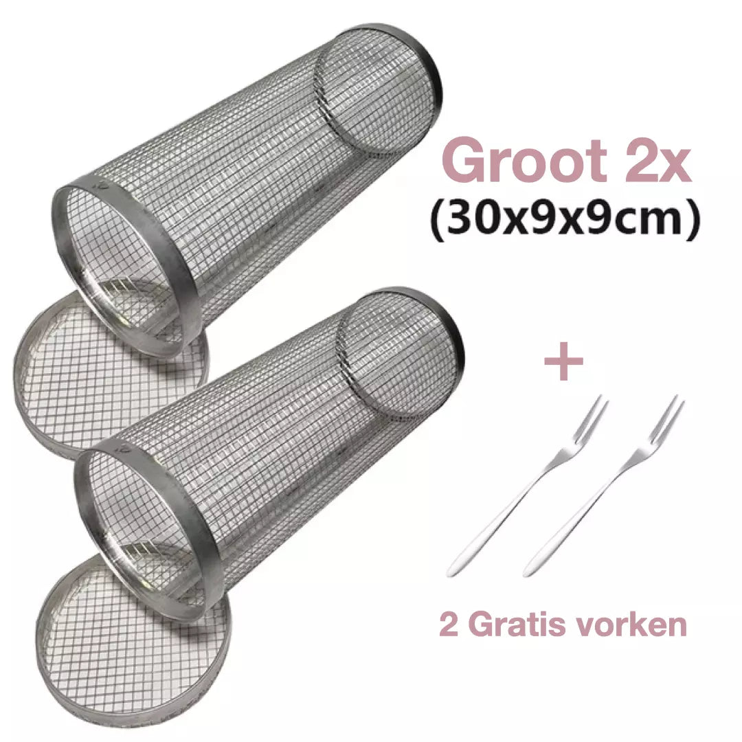 Twee grote bbq grillmanden van 30x9x9 cm, met twee gratis BBQ vorken.