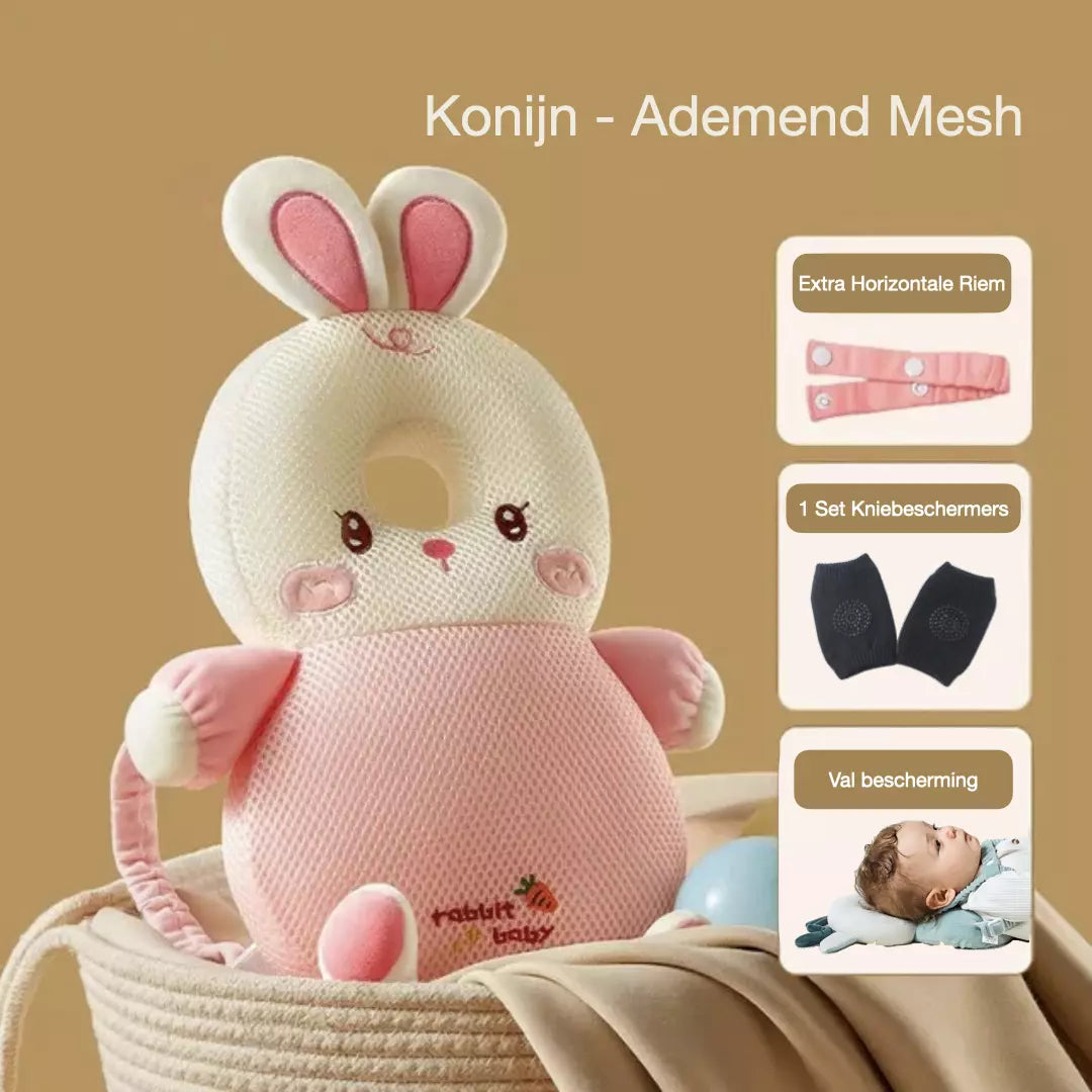 Het baby hoofdbeschermingskussen in de variant ademend mesh konijn. Het valkussen heeft een horizontale riem, extra valbescherming en je ontvang een gratis set kniebeschermers.