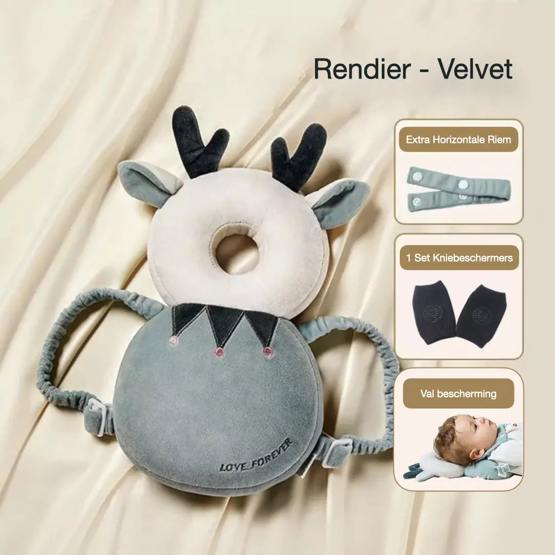 Het baby hoofdbeschermingskussen in de variant velvet rendier. Het valkussen heeft een horizontale riem, extra valbescherming en je ontvang een gratis set kniebeschermers.