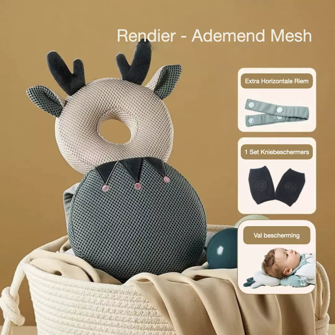 Het baby hoofdbeschermingskussen in de variant ademend mesh rendier. Het valkussen heeft een horizontale riem, extra valbescherming en je ontvang een gratis set kniebeschermers.