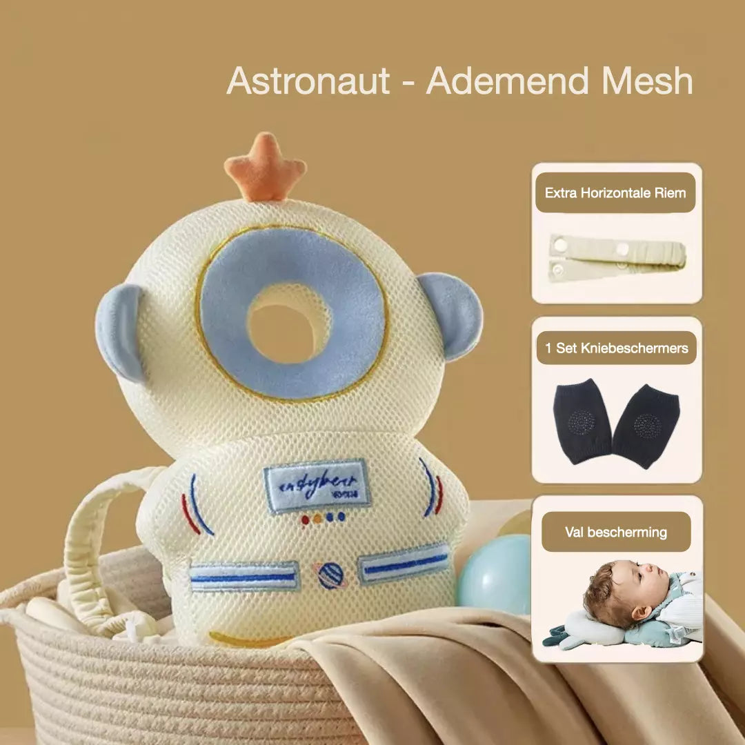 Het baby hoofdbeschermingskussen in de variant ademend mesh astronaut. Het valkussen heeft een horizontale riem, extra valbescherming en je ontvang een gratis set kniebeschermers.