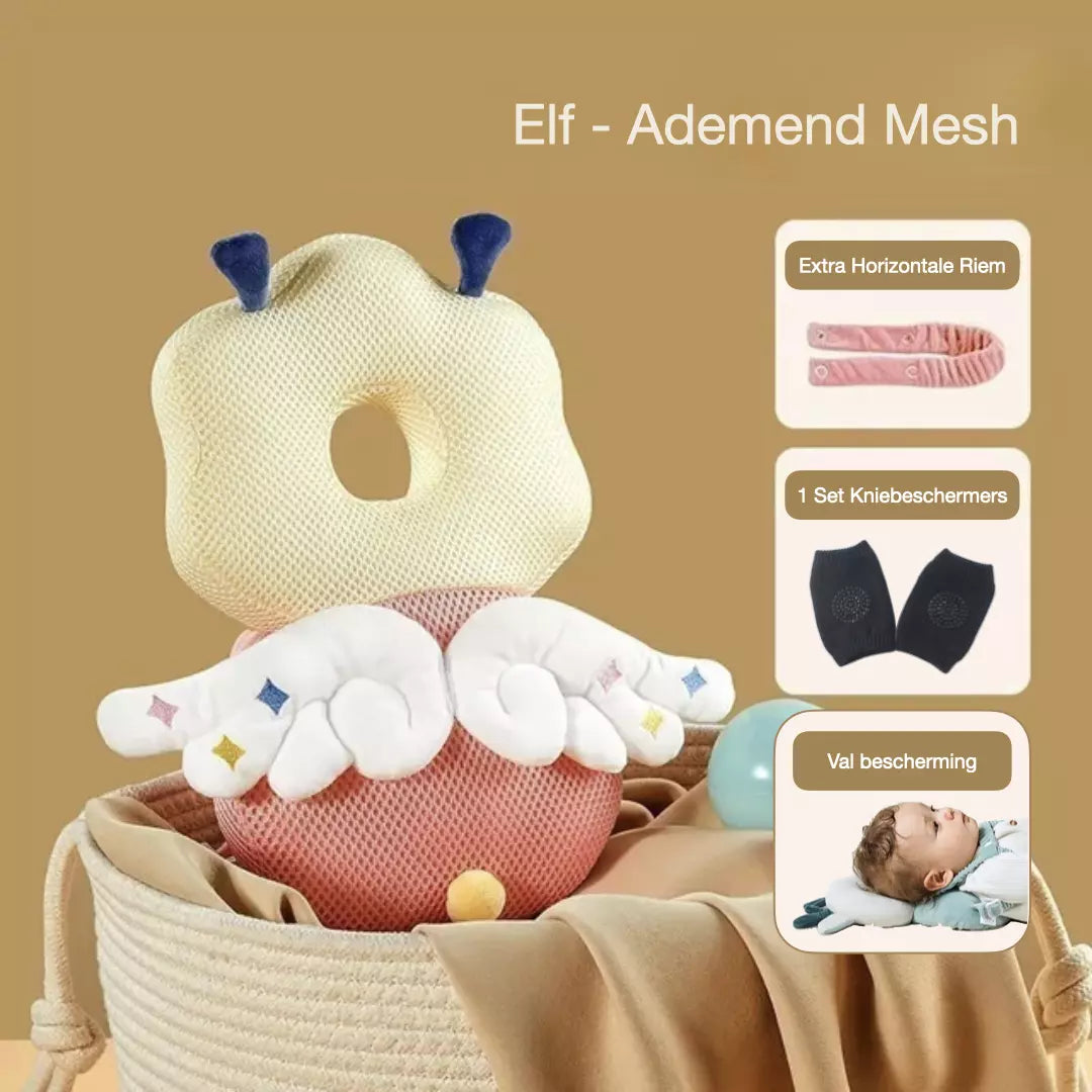 Het baby hoofdbeschermingskussen in de variant ademend mesh elf. Het valkussen heeft een horizontale riem, extra valbescherming en je ontvang een gratis set kniebeschermers.