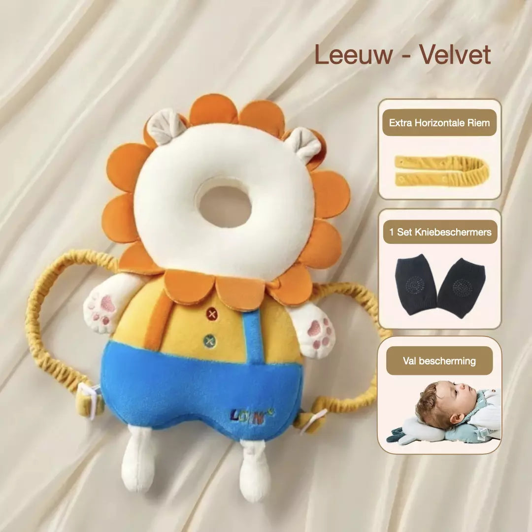 Het baby hoofdbeschermingskussen in de variant velvet leeuw. Het valkussen heeft een horizontale riem, extra valbescherming en je ontvang een gratis set kniebeschermers.
