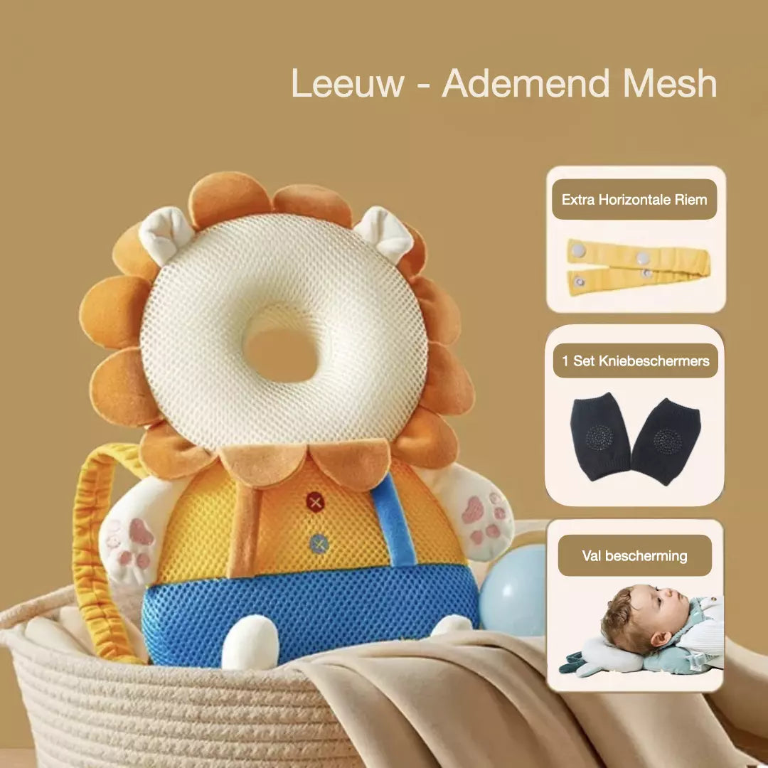 Het baby hoofdbeschermingskussen in de variant ademend mesh leeuw. Het valkussen heeft een horizontale riem, extra valbescherming en je ontvang een gratis set kniebeschermers.