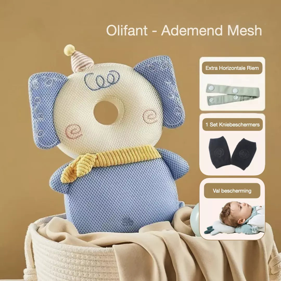 Het baby hoofdbeschermingskussen in de variant velvet olifant. Het valkussen heeft een horizontale riem, extra valbescherming en je ontvang een gratis set kniebeschermers.