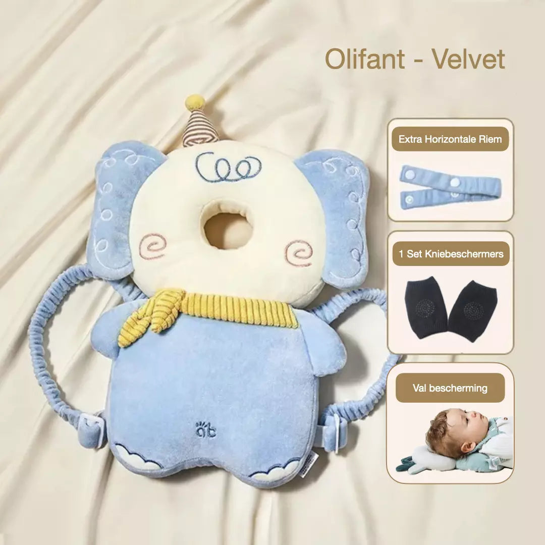 Het baby hoofdbeschermingskussen in de variant ademend mesh olifant. Het valkussen heeft een horizontale riem, extra valbescherming en je ontvang een gratis set kniebeschermers.
