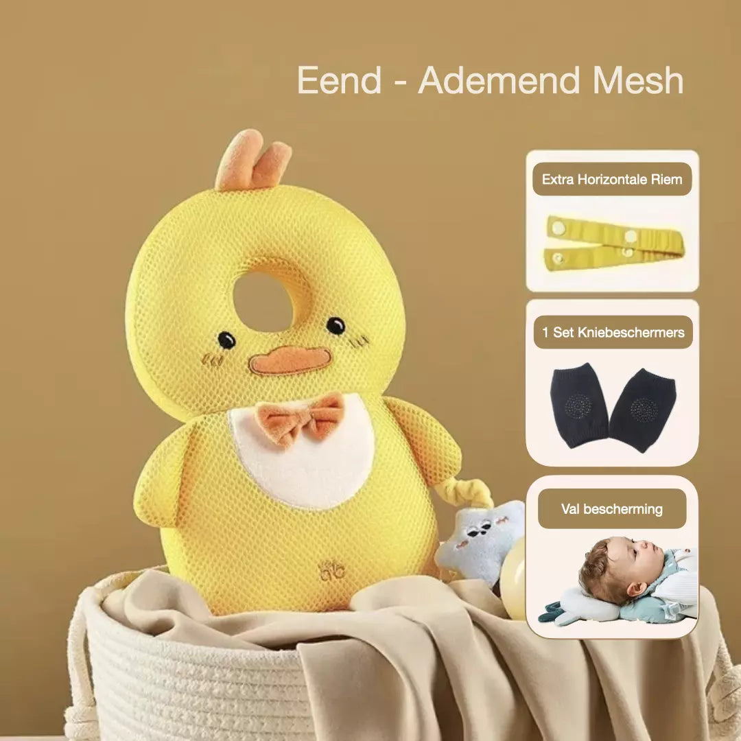Het baby hoofdbeschermingskussen in de variant ademend mesh eend. Het valkussen heeft een horizontale riem, extra valbescherming en je ontvang een gratis set kniebeschermers.