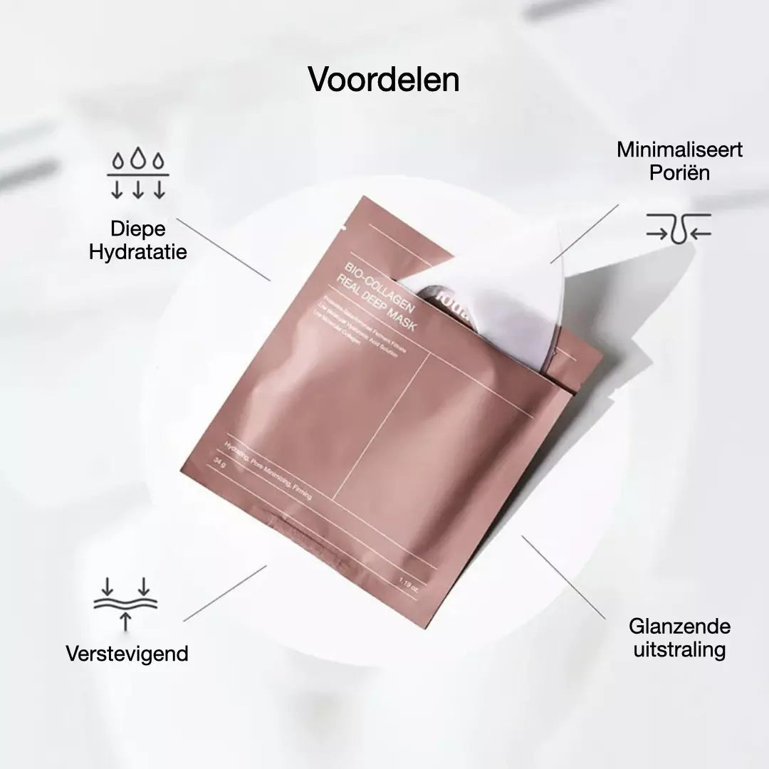 Het biologische collageen gezichtsmasker. Diep hydraterend en verstevigend voor alle huidtypen - Collageen gezichtsmasker. De voordelen van het gezichtsmasker worden uitgelicht.