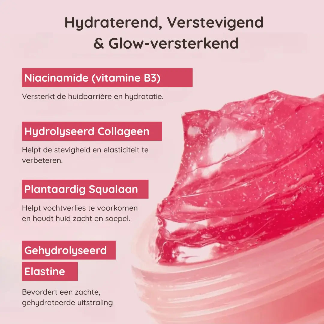 Lichte jelly textuur van collageen crème – niet-plakkerige gezichtscrème voor een stralende huid. Jelly crème met natuurlijke ingrediënten – met collageen, niacinamide en squalaan voor stralende huid.