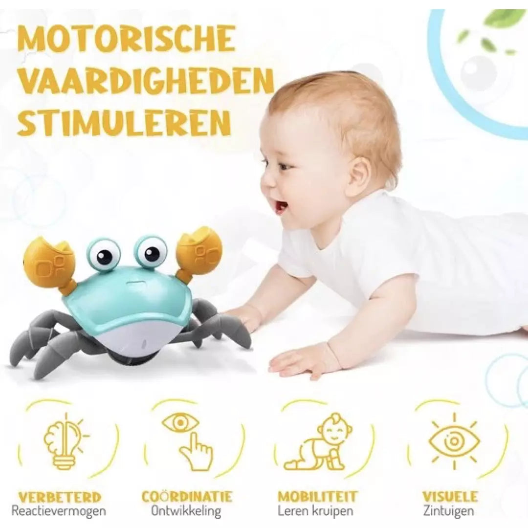 De bewegende krab met muziek in de kleur blauw.  Dit babyspeelgoed is perfect voor het stimuleren van motorische vaardigheden waaronder kruipen en leren lopen.