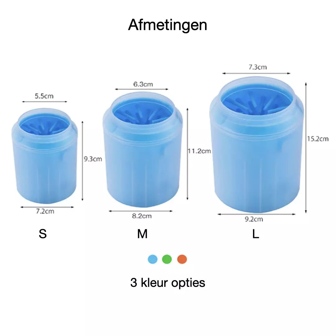 De verschillende formaten en kleuren van de draagbare poten reiniger. De poten reiniger in de kleur oranje, blauw en groen. De draagbare poten reiniger is te verkrijgen in de maat s, m en l.