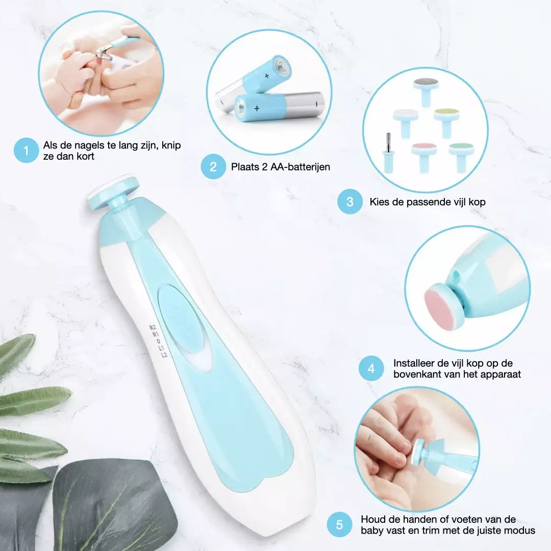 De elektrische baby nagelvijl set in de kleur blauw. De nagelvijl set heeft 6 verschillende opzetstukken.