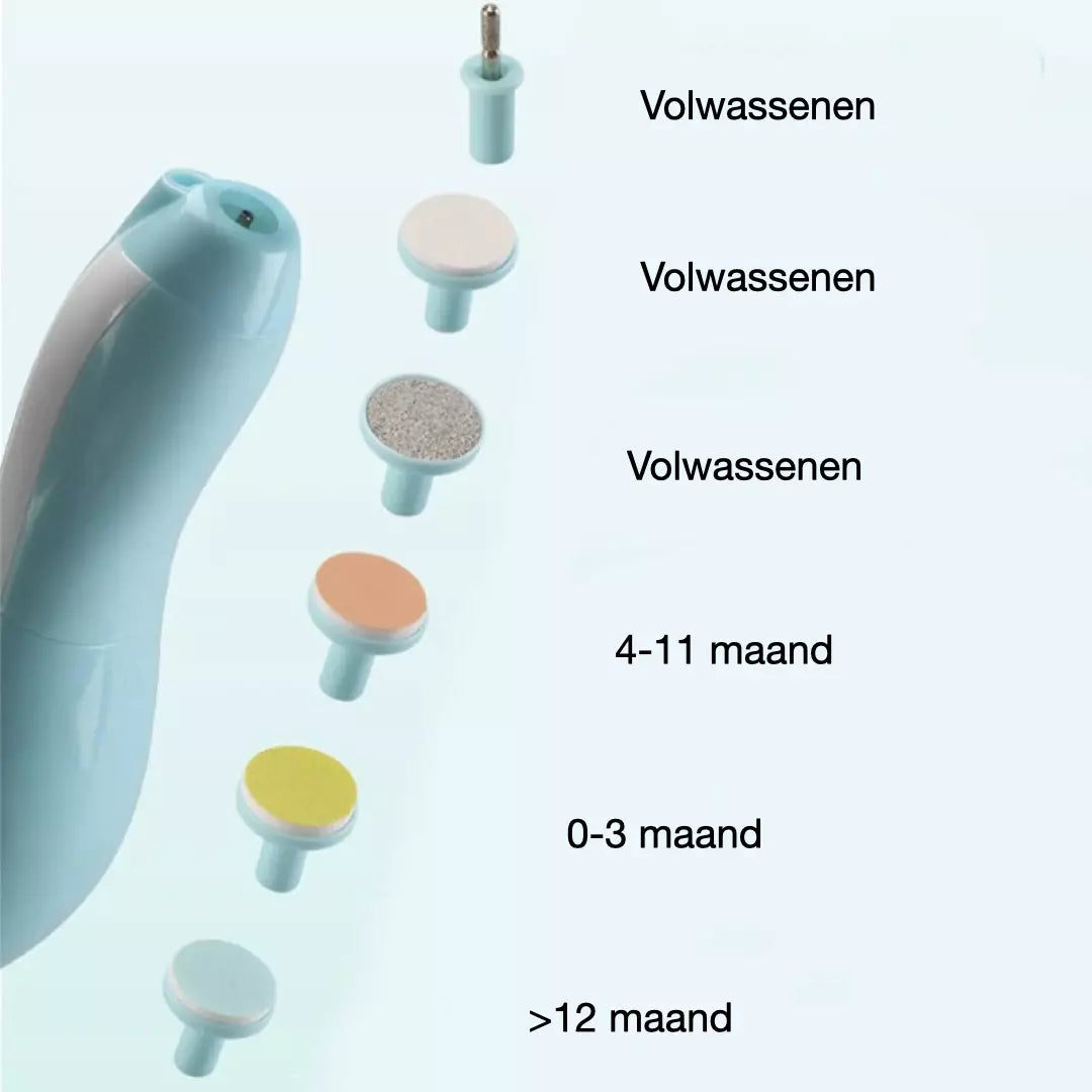 De elektrische baby nagelvijl set in de kleur blauw. De nagelvijl heeft zes verschillende opzetstukken, geschikt voor alle leeftijden. De elektrische nagelvijl set is voor zowel baby's als volwassen.