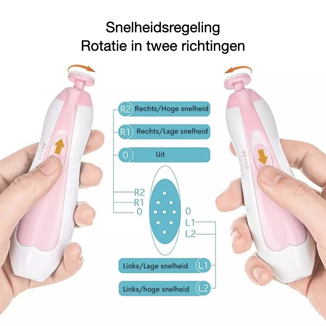 De elektrische baby nagelvijl set in de kleur roze. De nagelvijl set is bruikbaar voor alle leeftijden en heeft 2 rotatie richtingen.