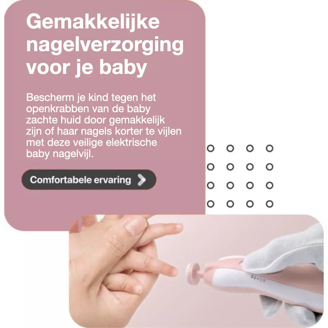 De elektrische baby nagelvijl set in de kleur roze. Gemakkelijke nagelverzorging voor je baby.