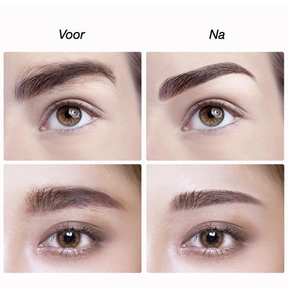 Het voor en na effect van de elektrische wenkbrauw trimmer wordt weergegeven met 4 foto's waar je een ingezoomd oog en wenkbrauw ziet. 