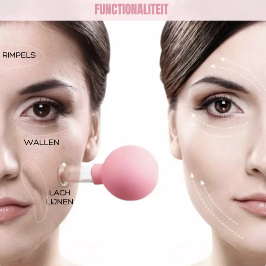 De Facial Cupping Set in de kleur roze. Facial cupping stimuleert de gezondheid van je huid en vermindert fijne lijntjes en rimpels.