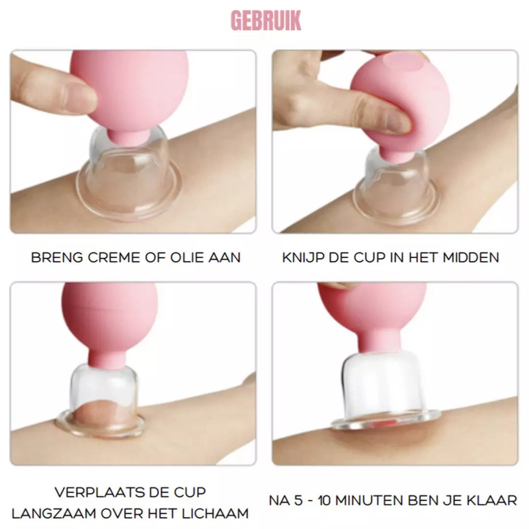 De Facial Cupping Set in de kleur roze. Facial cupping stimuleert de gezondheid van je huid en vermindert fijne lijntjes en rimpels. Er wordt stap voor stap uitgelegd hoe je de facial cupping set moet gebruiken.