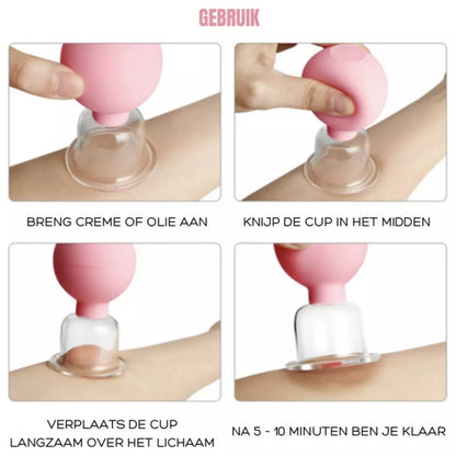 De Facial Cupping Set in de kleur roze. Facial cupping stimuleert de gezondheid van je huid en vermindert fijne lijntjes en rimpels.  Er wordt stap voor stap uitgelegd hoe je de facial cupping set moet gebruiken. 