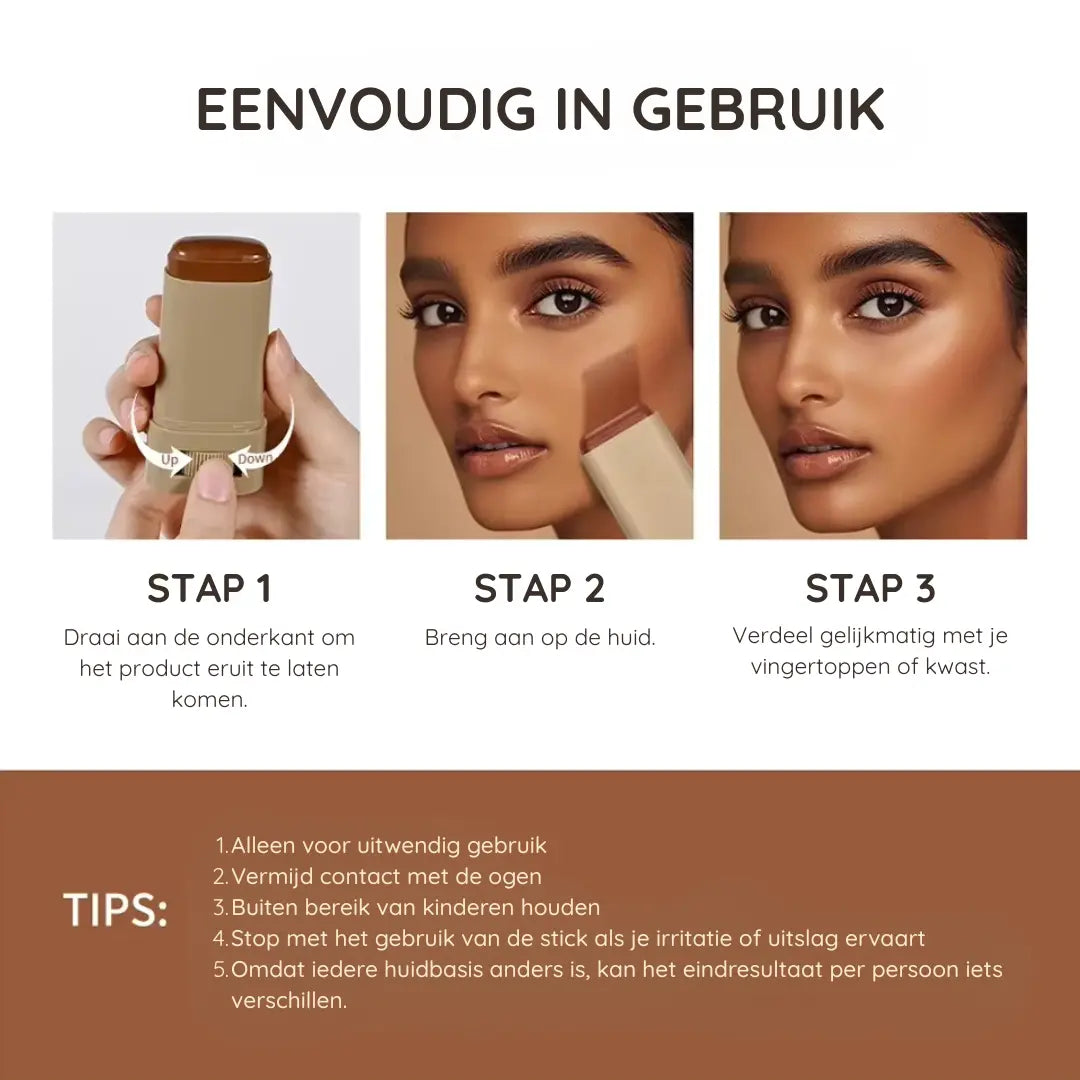 Zes verschillende tinten foundation stick – van Mocha tot Ivory, voor elke huidskleur. Eenvoudig foundation aanbrengen onderweg met travel-friendly foundation stick.