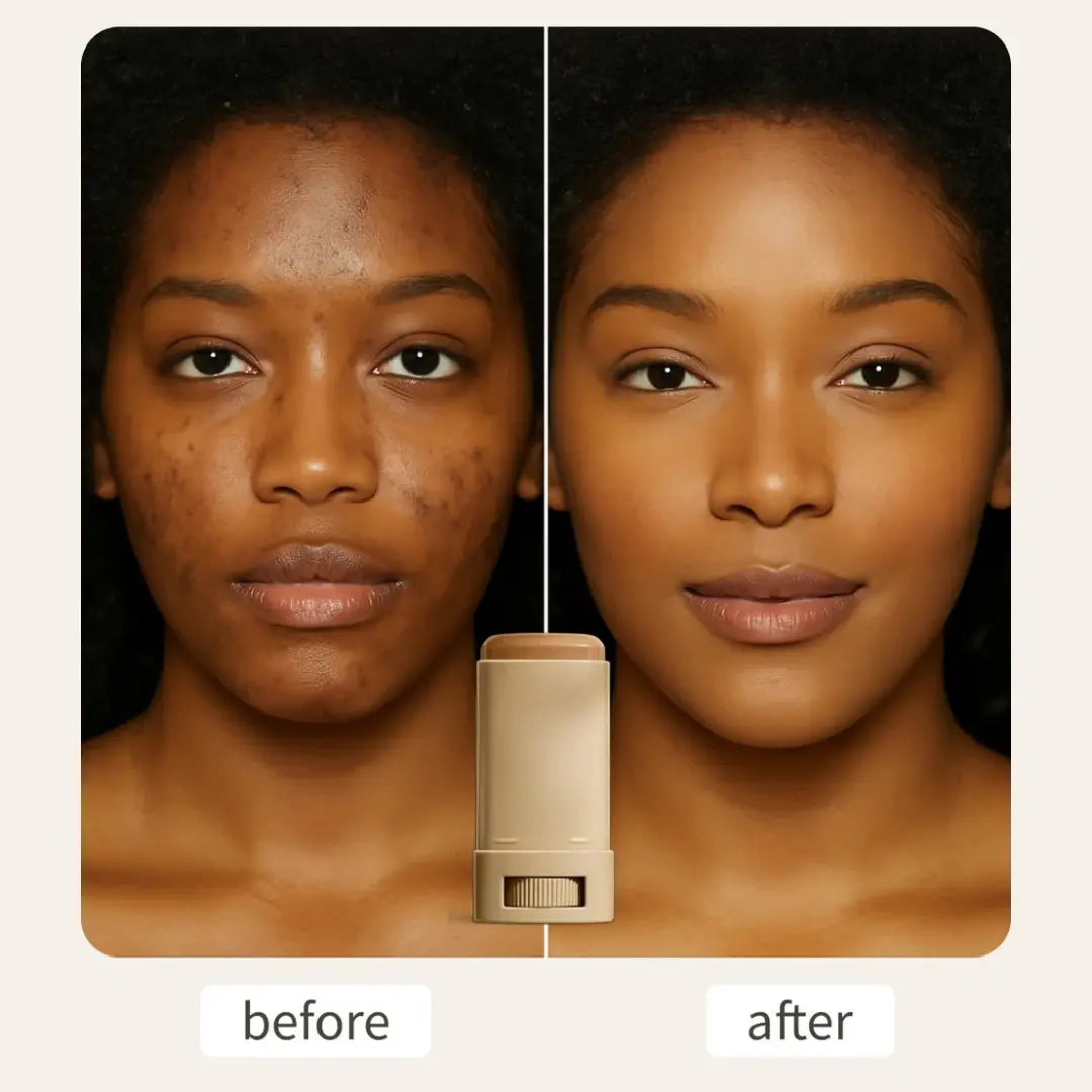 Voor en na gebruik van serum boosted foundation stick – zichtbaar egalere en gladdere huid.