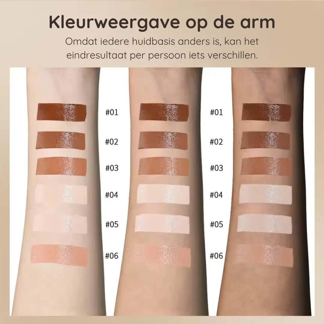 Foundation stick met natuurlijke dekking voor een egale huid – makkelijk mee te nemen. Serum Boosted Skin Tint Balm met zes verschillende kleuren. Voor ieder huidtype. Op de arm worden de verschillende kleuren weergegeven van de serum booster skin tint balm.