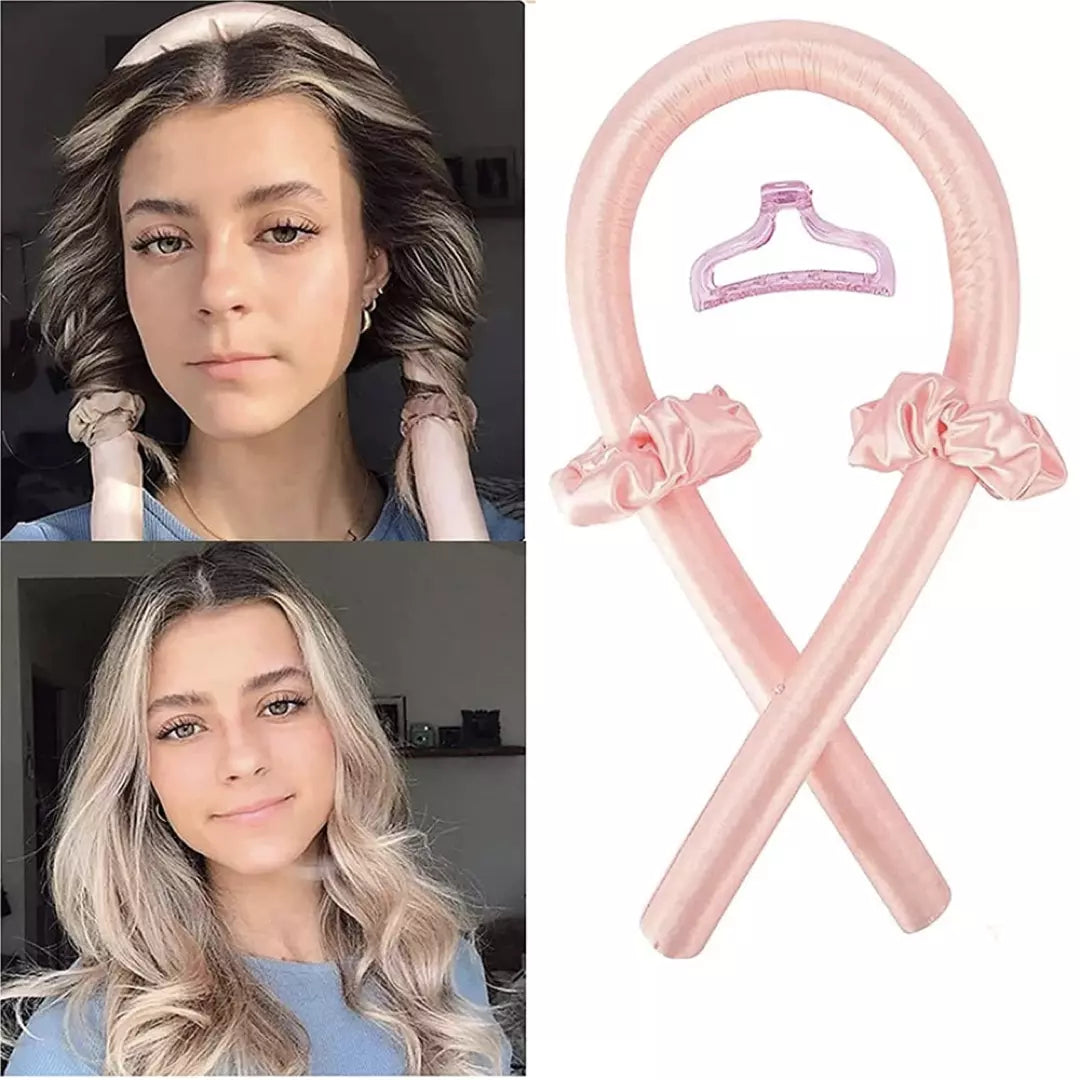 Een dame draagt de HeatFree Curler haarband en laat zien wat het resultaat is. Ze gebruikt de blush kleur, inclusief scrunchies en een grote haarklip. Met deze haarband krijg je de perfecte krullen zonder hitte.