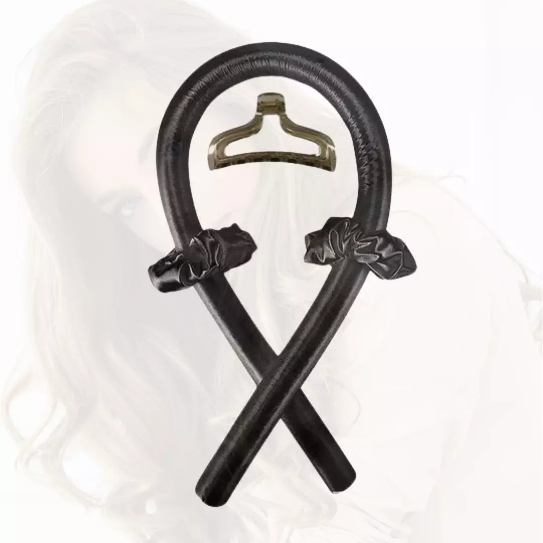 De zwart kleurige HeatFree Curler haarband wordt weergegeven, inclusief een grote haarklip en twee scrunchies. Met deze haarband creëer je de perfecte krullen zonder hitte.