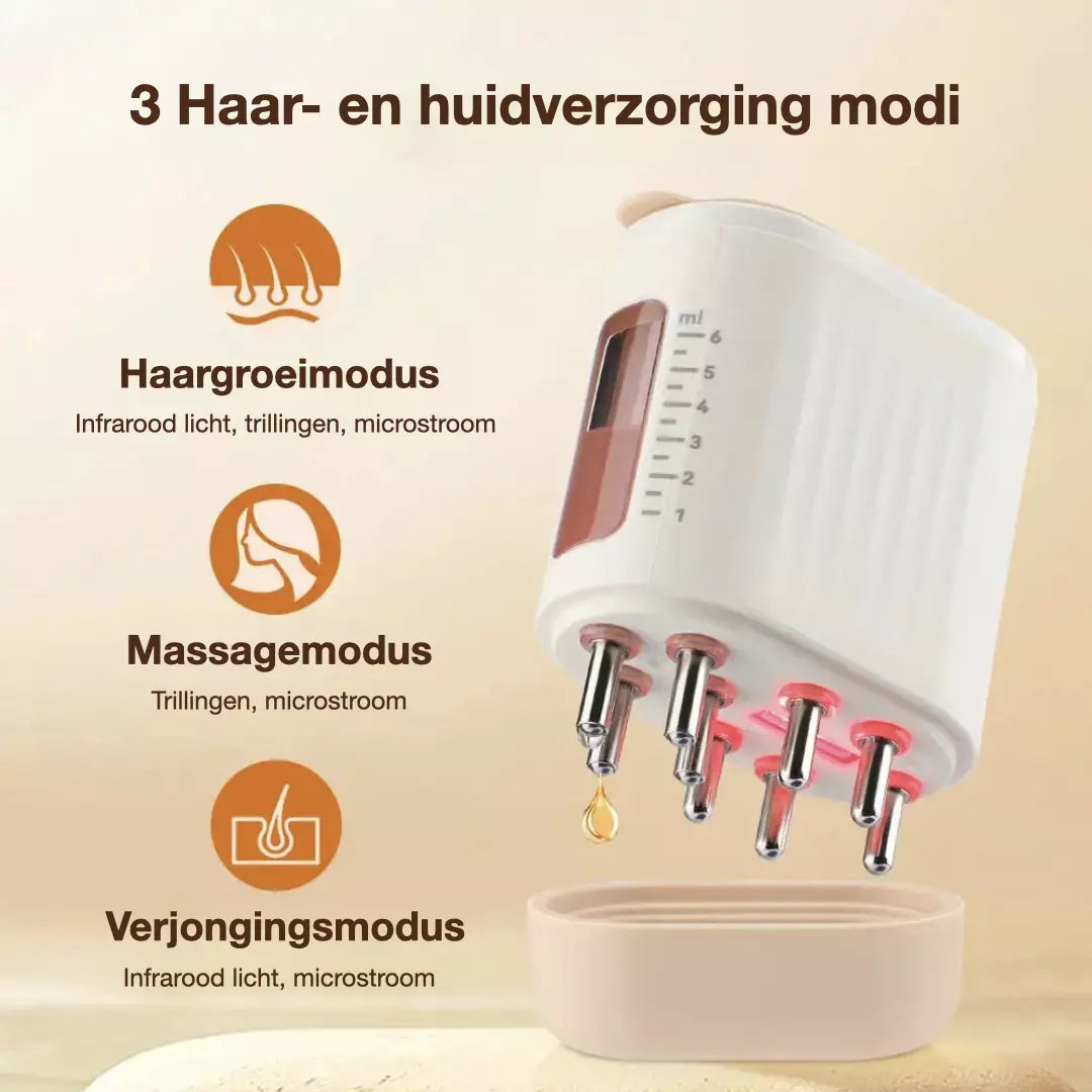 Infrarood Hoofdhuid Massage apparaat met olie applicator. Stimuleert haargroei en een gezondere hoofdhuid. De elektrische infrarood hoofdhuid massager is USB-C oplaadbaar en waterproof.