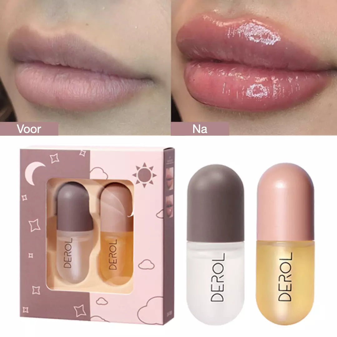 Het voor en na effect van de plumping lipfiller set van derol wordt weergegeven door twee afbeeldingen van een mond met glanzende volle lippen.