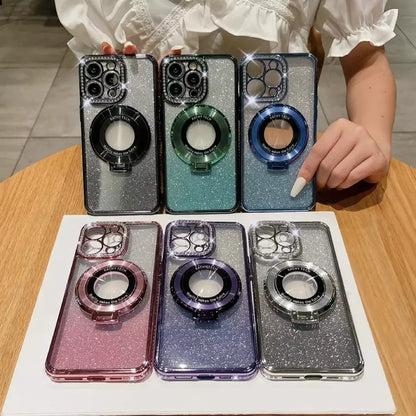 Alle zes de varianten van de magnetische glitter iphone hoesjes zijn te zien. De zwarte, groene, blauwe, roze, paarse en zilveren magnetische glitter iphone hoes. 