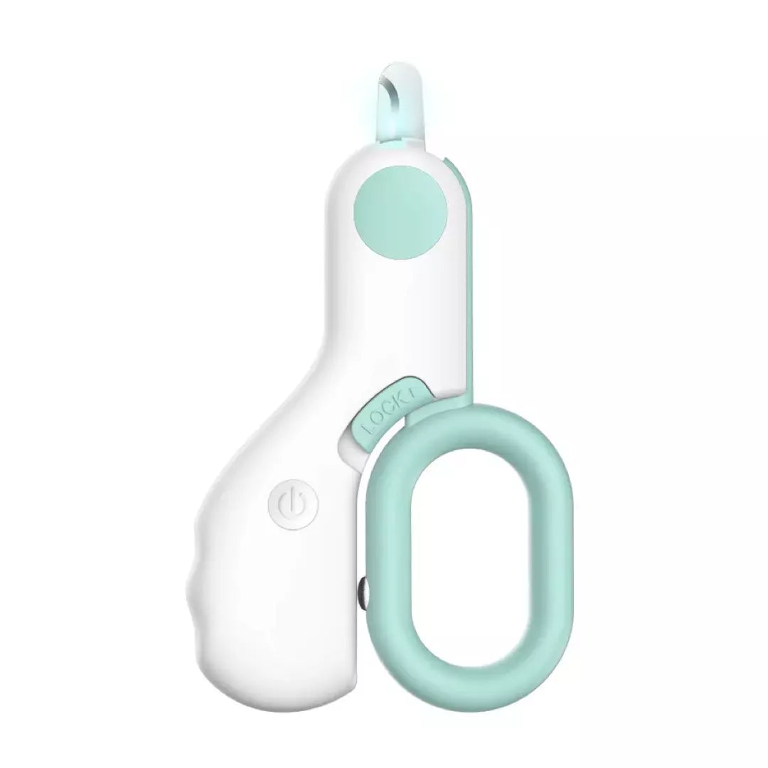 De blauwe nagelknipper voor huisdieren met ingebouwd LED licht is te zien.