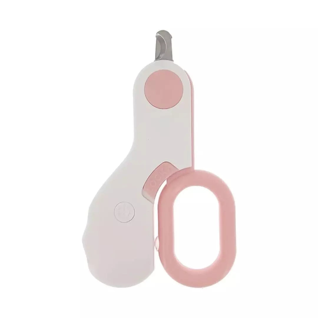 De roze nagelknipper voor huisdieren met ingebouwd LED licht is te zien.