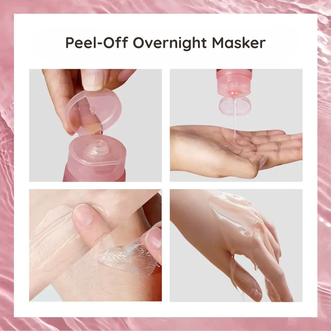 Close up shots van het overnight wrapping masker. De foto's laten zien hoe het nachtmasker verandert in een peel off masker.