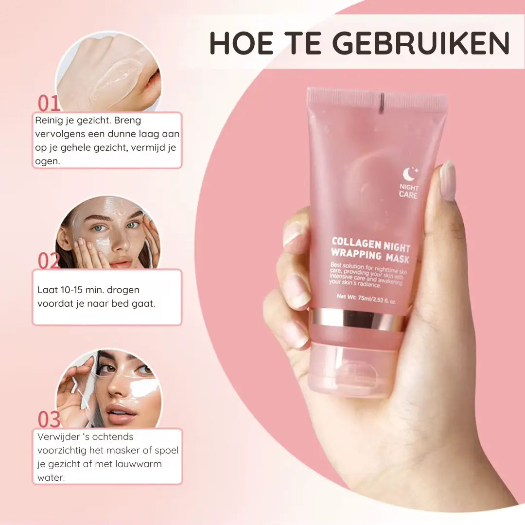 Een stappenplan voor het aanbrengen van het overnight wrapping masker. Dit collageen nachtmasker is makkelijk aan te brengen in drie stappen.