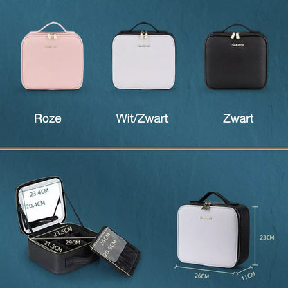 De roze, witte en zwarte variant van de beste make-up koffer voor thuis en op reis worden afgebeeld. De afmetingen van de make up koffer worden weergegeven. 26cm lang, 11cm breed en 23cm hoog.
