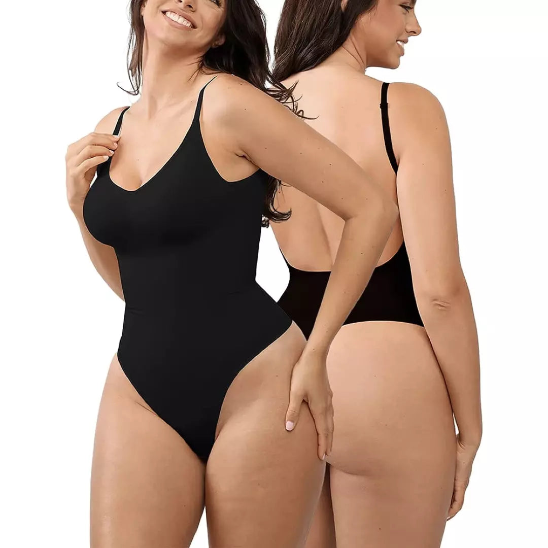 De zwarte SlimShape Bodysuit wordt gedragen door een vrouw. Je ziet de voor en achterkant van de bodysuit.