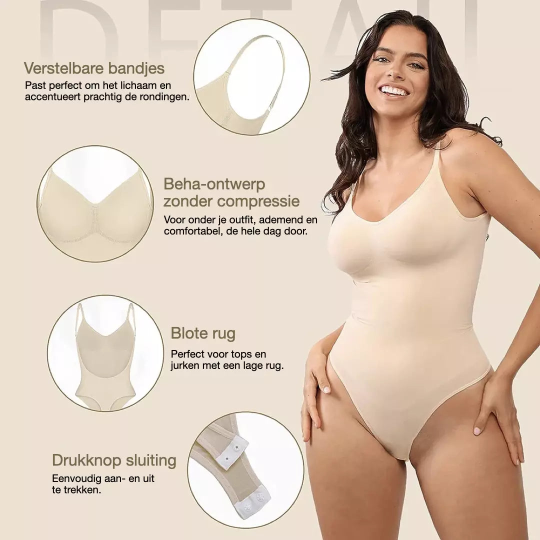 De details van de beige kleurige SlimShape Bodysuit zijn te zien. De verstelbare bandjes, de blote rug en de drukkoopjes sluiting van de bodysuit.