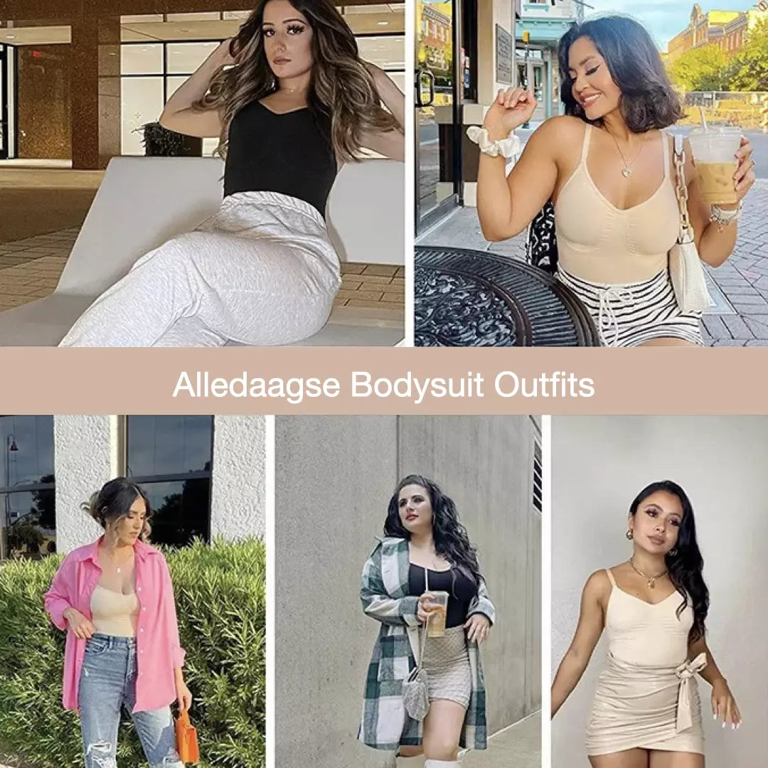 De beige en zwarte SlimShape Bodysuit wordt gedragen door een vrouw. Je ziet de voor en achterkant van de bodysuit.