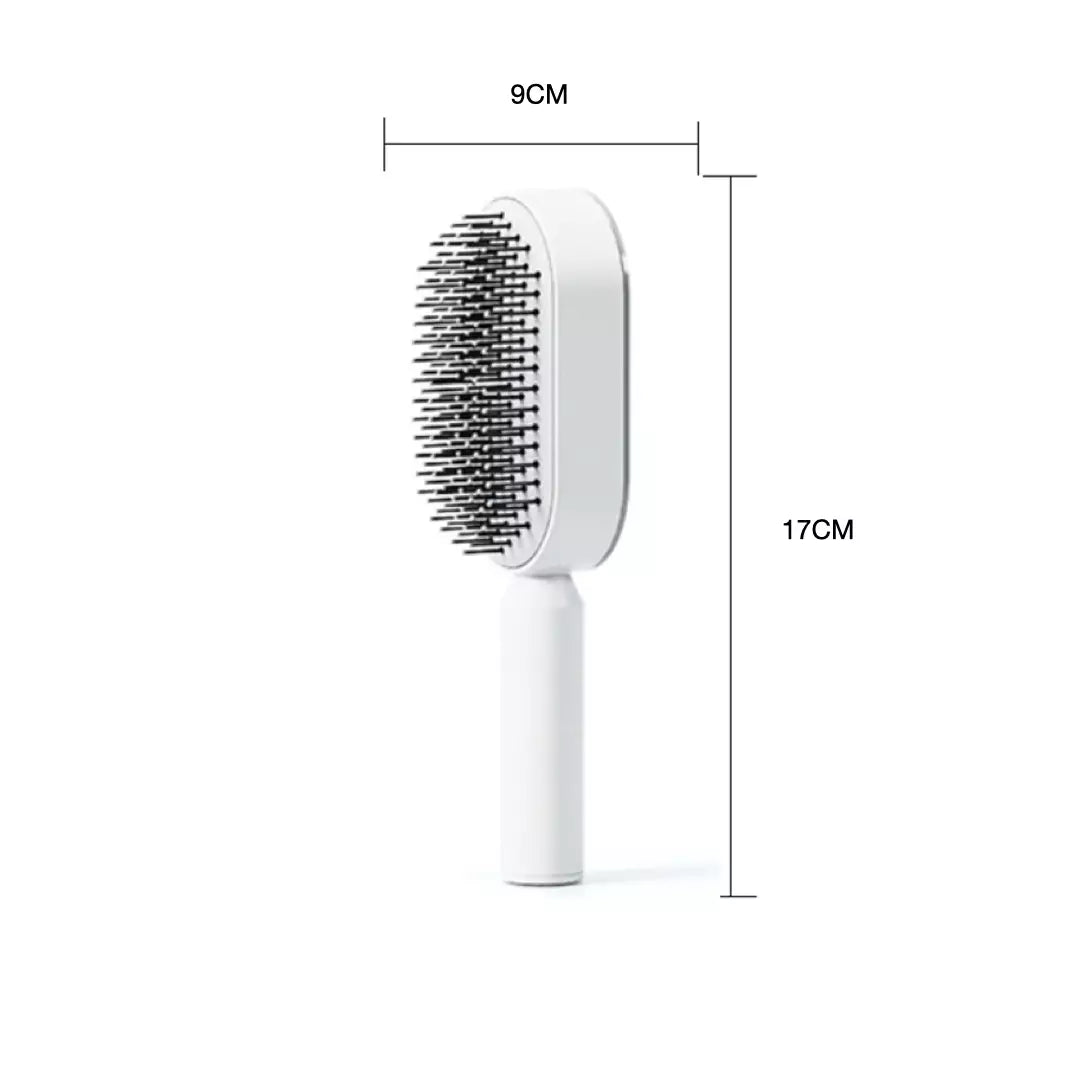 De afmetingen van de witte ZenTangle zelfreinigende haarborstel zijn te zien. 17cm bij 9cm. Je haarborstel schoonmaken kost vanaf nu geen enkele moeite meer.