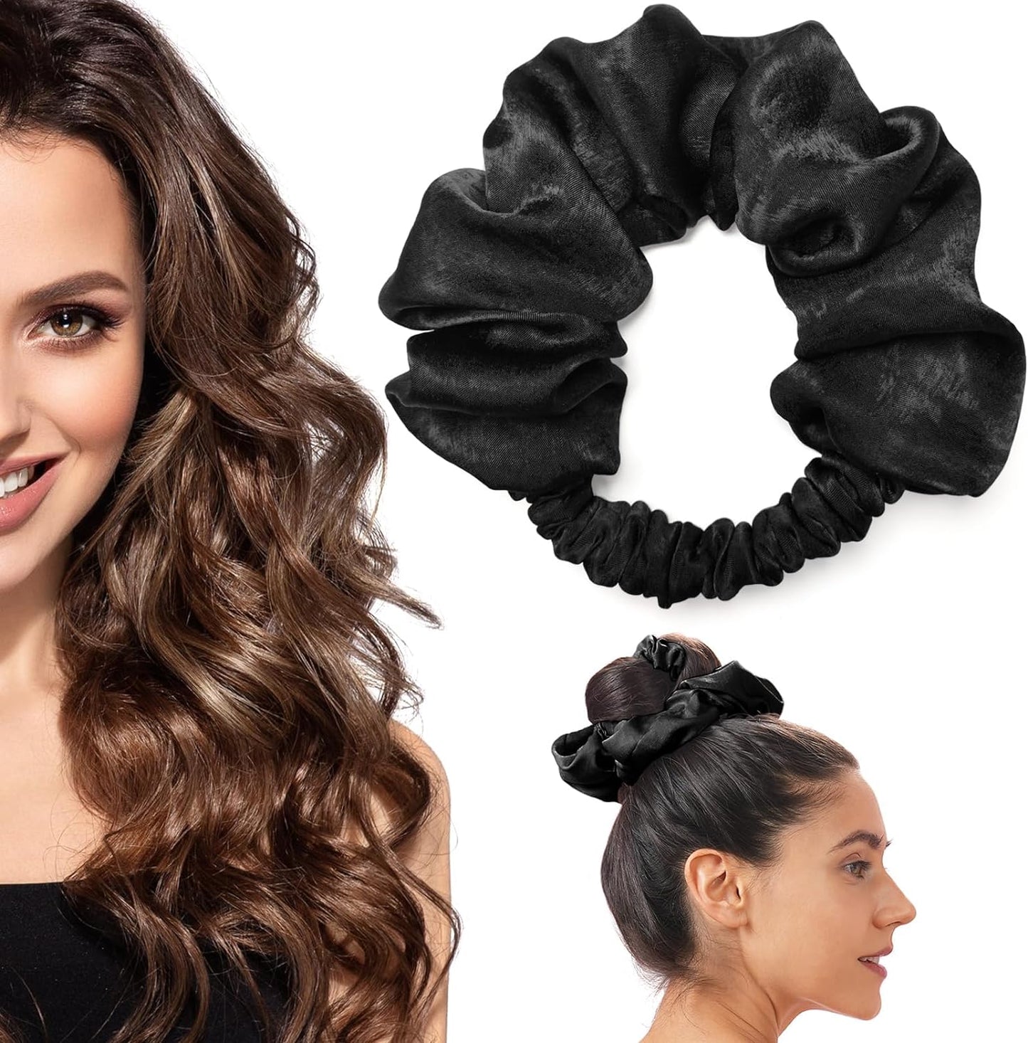 De grote scrunchie in de kleur zwart. De zijden scrunchie is perfect voor heatless curls. Beste resultaten tijdens het slapen.