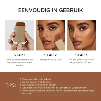 Zes verschillende tinten foundation stick – van Mocha tot Ivory, voor elke huidskleur. Eenvoudig foundation aanbrengen onderweg met travel-friendly foundation stick.