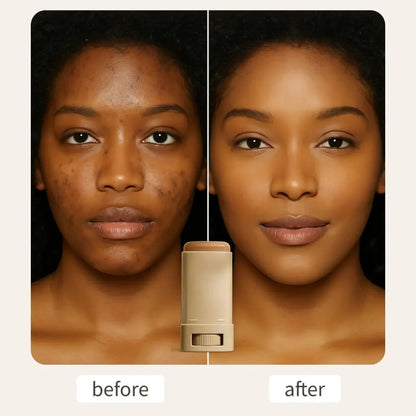 Voor en na gebruik van serum boosted foundation stick – zichtbaar egalere en gladdere huid. 