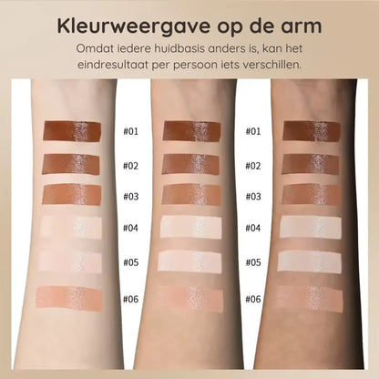 Foundation stick met natuurlijke dekking voor een egale huid – makkelijk mee te nemen. Serum Boosted Skin Tint Balm met zes verschillende kleuren. Voor ieder huidtype. Op de arm worden de verschillende kleuren weergegeven van de serum booster skin tint balm. 